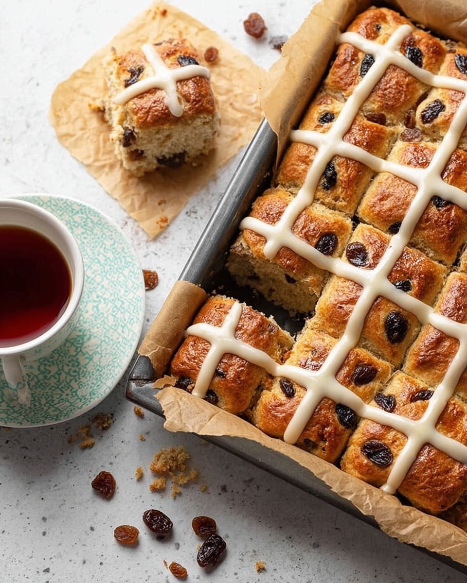 A tray of baked hot cross buns cut into square pieces is shown, with golden-brown tops dotted with dark raisins. Each bun has two white icing lines crossing in the shape of a plus sign on top. One bun is placed on brown parchment paper beside the tray, surrounded by scattered raisins and crumbs. A cup filled with dark tea sits in a white cup with a light blue patterned saucer, all set on a white marbled surface. photo taken with an iphone --ar 4:5 --v 7