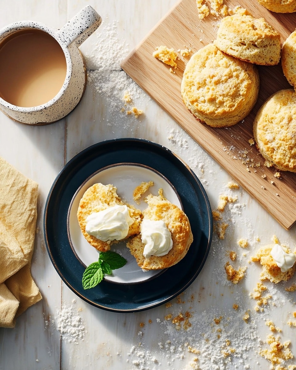 A white plate with a smaller dark blue plate inside it holds a golden-brown scone broken into two pieces, topped with a dollop of white cream, and a small green mint leaf beside it. To the right, several similar golden-brown scones are arranged on a light wooden cutting board. At the top left, a white speckled mug filled with frothy coffee sits next to the plates. The scene is set on a white marbled surface scattered with flour and crumbs. photo taken with an iphone --ar 4:5 --v 7