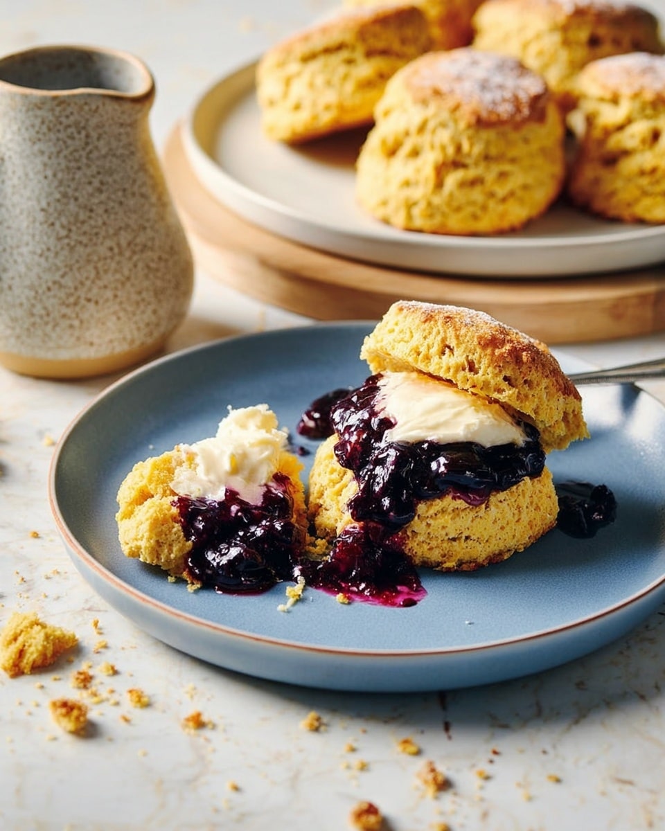 A blue plate on top of a white plate holds a split golden-yellow scone with a crumbly texture, topped with a dollop of creamy white butter and thick dark purple berry jam that seeps out onto the plate. In the background, several whole scones with a sugar-coated crust sit on a white plate and a light wooden board, all placed on a white marbled surface scattered with crumbs. A speckled ceramic jug is partially visible to the left. photo taken with an iphone --ar 4:5 --v 7