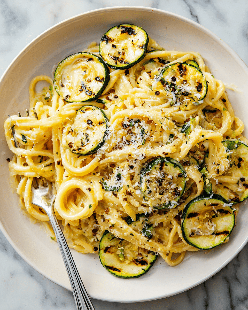 The image shows a plate of spaghetti with grilled zucchini on a white plate, placed on a white marbled surface. The spaghetti is yellow and creamy, lightly coated with sauce, and spread in a loose pile as the main layer. On top and throughout the pasta are several round slices of grilled zucchini, showing char marks and a mix of dark green and light green colors. There is a sprinkling of white grated cheese scattered over the pasta and zucchini, and some cracked black pepper is visible on top. A silver fork rests on the left side of the plate, partially inserted into the spaghetti. photo taken with an iphone --ar 4:5 --v 7