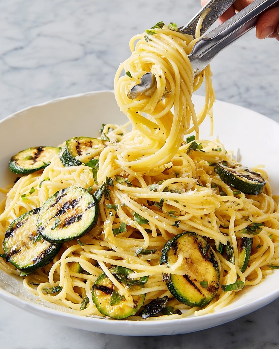 A white bowl holds a dish of spaghetti mixed with creamy yellow sauce and slices of grilled zucchini. The spaghetti strands are long and twisted, coated lightly in the sauce that gives them a smooth, glossy look. The zucchini slices are round, grilled with dark brown lines, and scattered evenly throughout the pasta. Woman's hand is using metal tongs to lift a portion of the spaghetti along with a zucchini slice from the bowl. The background features a white marbled texture. photo taken with an iphone --ar 4:5 --v 7