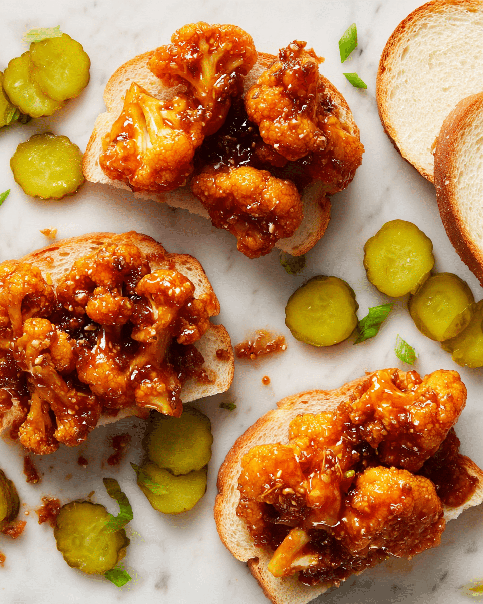 The image shows four golden-brown crispy fried chicken pieces with a glossy reddish sauce drizzled over them, sitting on a white marbled surface. Two pieces are laid on top of white bread slices, revealing their crunchy texture and uneven, craggy coating. Around the chicken, there are several green pickle slices scattered loosely. The chicken pieces have a rich orange and brown color, with darker fried spots giving a textured look. The white bread is soft, with a light crust, adding contrast to the vibrant chicken and pickles. photo taken with an iphone --ar 4:5 --v 7
