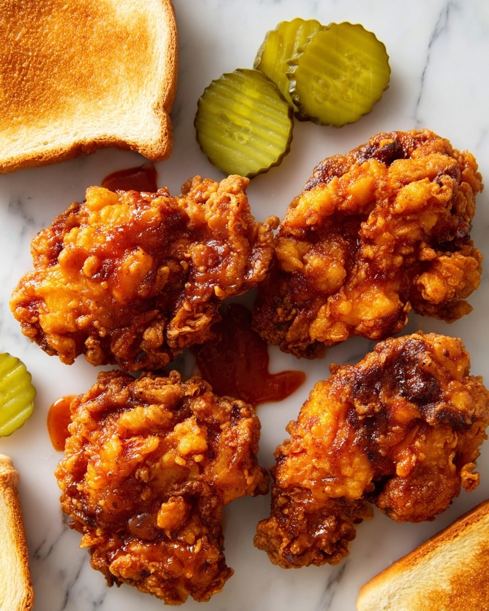 The image shows three large pieces of golden brown fried chicken with a crispy, crunchy texture, covered in sticky, shiny orange sauce that pools slightly around them. At the top of the image, there are six bright green pickle slices with ridged edges arranged in small groups directly on the surface. In the corners, two slices of plain white bread are visible, one partially cut off. All items rest on a smooth white marbled texture surface, creating a clean and simple background. Photo taken with an iphone --ar 4:5 --v 7