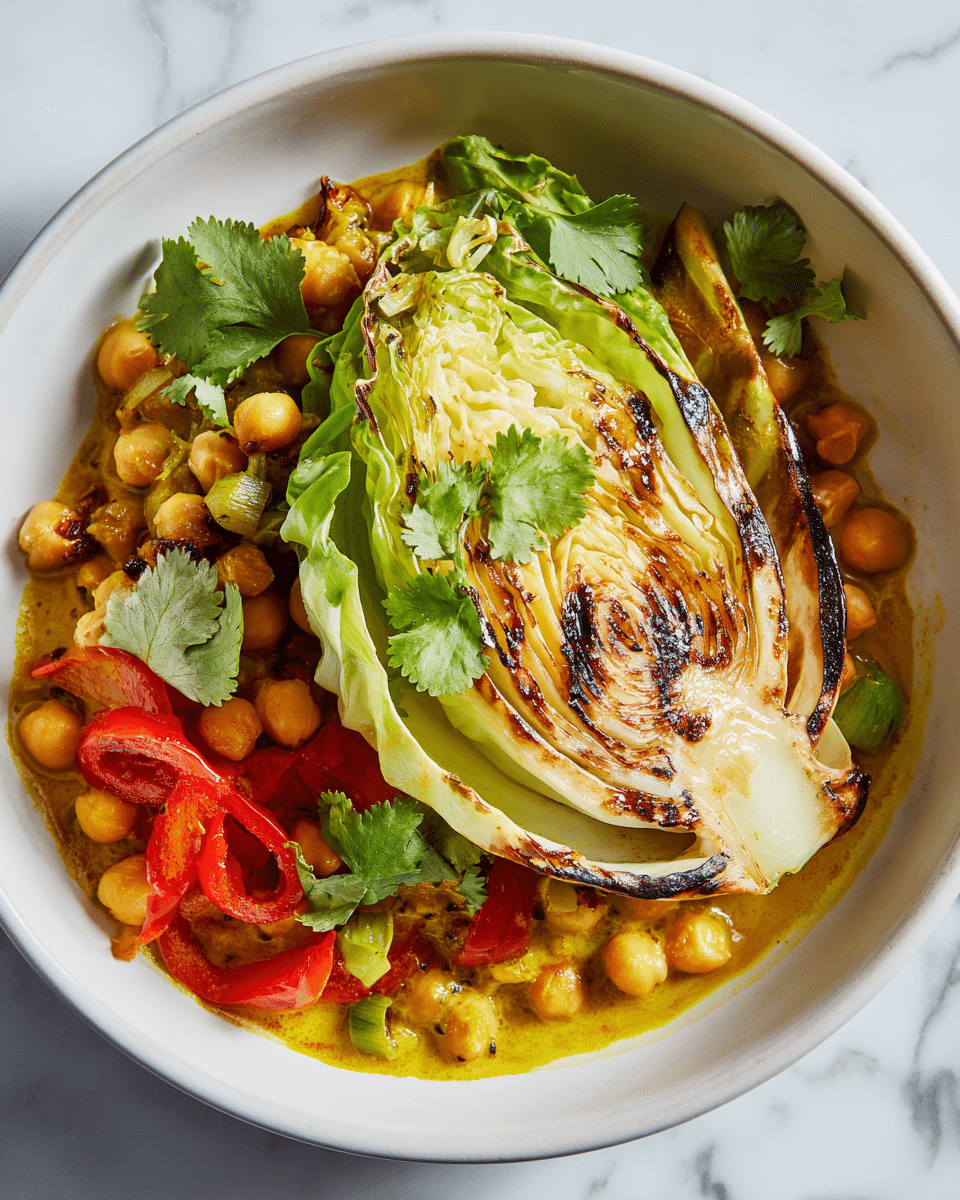 The dish shows a black pan filled with layers of cooked, slightly charred cabbage leaves on top, having light green and golden-brown colors with crispy edges. Below and around the cabbage are bright orange-red slices of bell pepper and soft yellow chickpeas mixed into a light yellow sauce. Small green cilantro leaves are scattered over the dish, adding fresh green spots. The pan sits on a white marbled surface. photo taken with an iphone --ar 4:5 --v 7