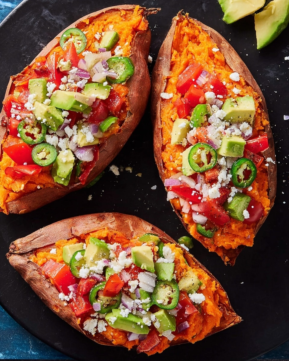 Three baked sweet potato halves are placed on a round black board, set on a white marbled surface. Each sweet potato shows a bright orange, soft inner layer topped with a mix of colorful, fresh toppings: green jalapeño rings, small cubes of avocado, diced red tomato pieces, and crumbled white cheese scattered on top. The outer sweet potato skins are a deep reddish-brown with a slightly rough texture. The toppings create a fresh, vibrant contrast against the warm orange filling. photo taken with an iphone --ar 4:5 --v 7