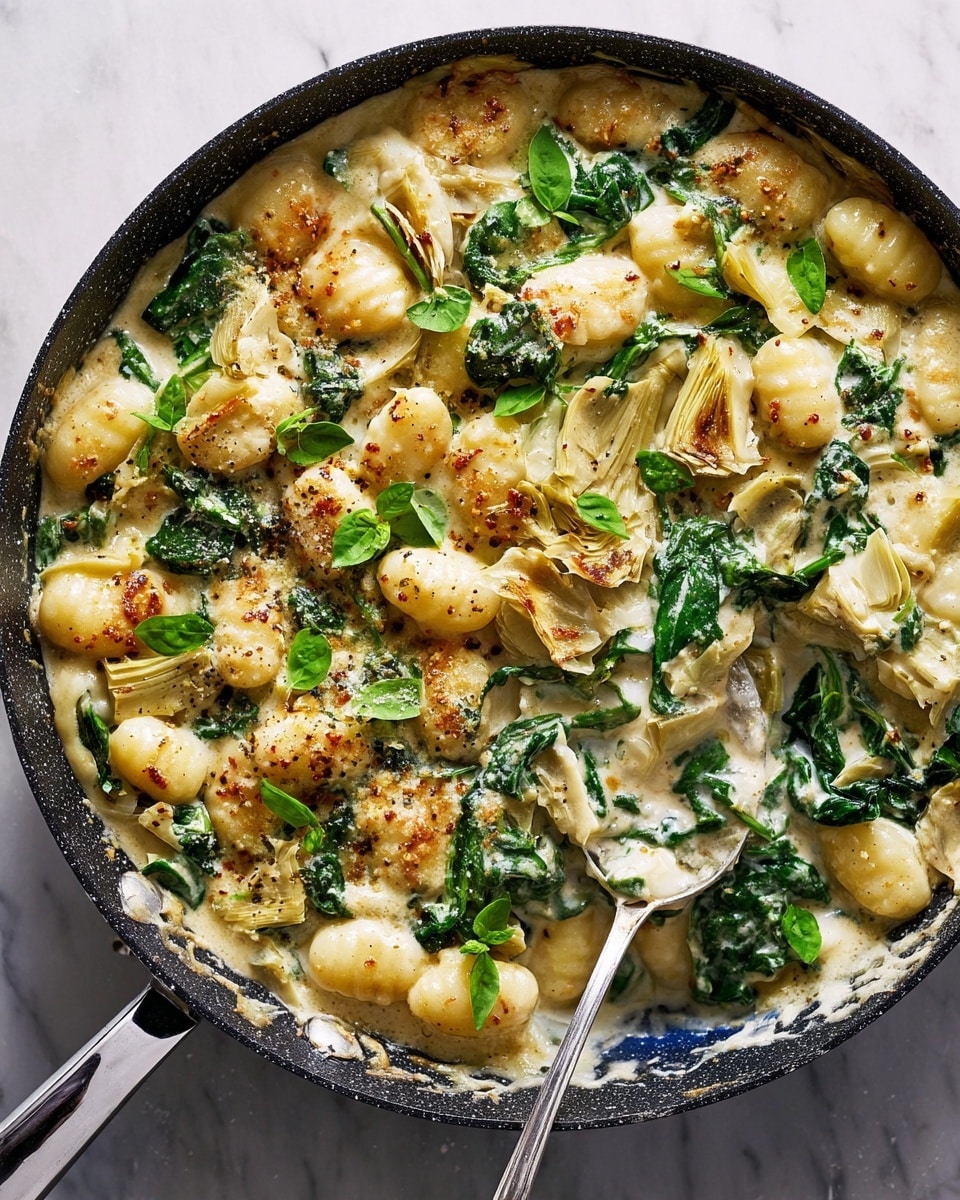 The image shows a skillet filled with creamy gnocchi mixed with wilted spinach and tender artichoke pieces. The gnocchi are soft, small, and rounded, covered in a rich, smooth, white cream sauce with a slightly browned, bubbly surface, giving it a warm, baked look. Bright green spinach leaves and light yellow artichoke slices are mixed evenly throughout, adding color and texture. On top, small green basil leaves add freshness and color contrast. A silver spoon scoops up some gnocchi and sauce from the side, with a few cheese shreds scattered on a white marbled surface around the skillet. photo taken with an iphone --ar 4:5 --v 7
