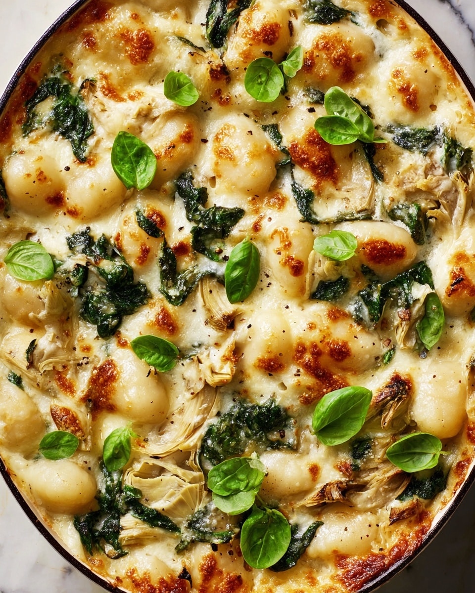 This close-up image shows a creamy gnocchi dish with several layers. The bottom layer is soft, plump white gnocchi pieces scattered evenly. Mixed in are wilted sautéed spinach leaves, dark green and tender, and slices of light yellow artichoke hearts with a slightly charred edge. The entire dish is covered in a creamy white sauce with a smooth texture. Small fresh bright green basil leaves are scattered on top, and a light dusting of brown spice or seasoning adds specks for color contrast. The photo taken with an iphone --ar 4:5 --v 7