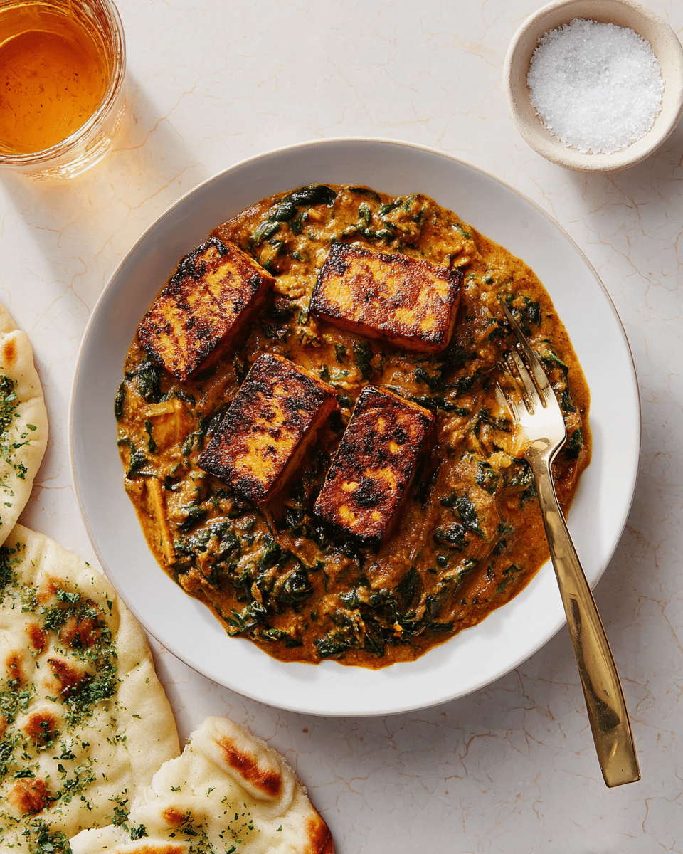 A white plate holds a creamy orange spinach curry with dark green leafy bits evenly mixed throughout. On top of the curry, there are five large, square pieces of golden-brown, grilled tofu with visible char marks. A piece of white naan with green herbs is placed on the upper left edge of the plate, slightly tucked under the curry. A gold fork, holding one tofu cube, rests on the right side of the plate. The plate sits on a light tan surface with a white marbled texture. Nearby, on the right, is another torn piece of the same white herb naan, and on the upper left side, there is a white bowl with coarse salt and a glass filled with light yellow liquid. photo taken with an iphone --ar 4:5 --v 7