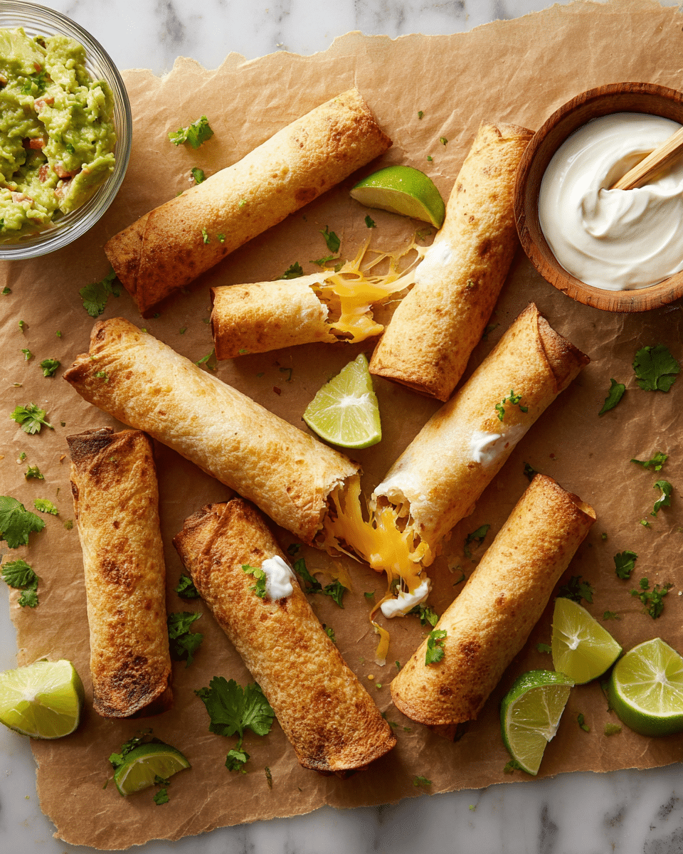 A group of seven golden-brown taquitos lays scattered on a piece of brown parchment paper over a white marbled surface. Most taquitos are tightly rolled with crispy, textured shells showing small dark spots, while one taquito on the right is broken open, revealing melted cheese stretching out in sticky strings. Two taquitos are topped with dollops of white sour cream mixed with green herbs. Small green cilantro leaves are scattered around for garnish, along with three lime wedges placed near the top left and bottom right corners. A bowl filled with chunky green guacamole sits at the bottom left, and a bowl with creamy white ranch dip with green herbs is near the top center. A glass of frothy amber-colored drink is partially visible in the top left corner. photo taken with an iphone --ar 4:5 --v 7