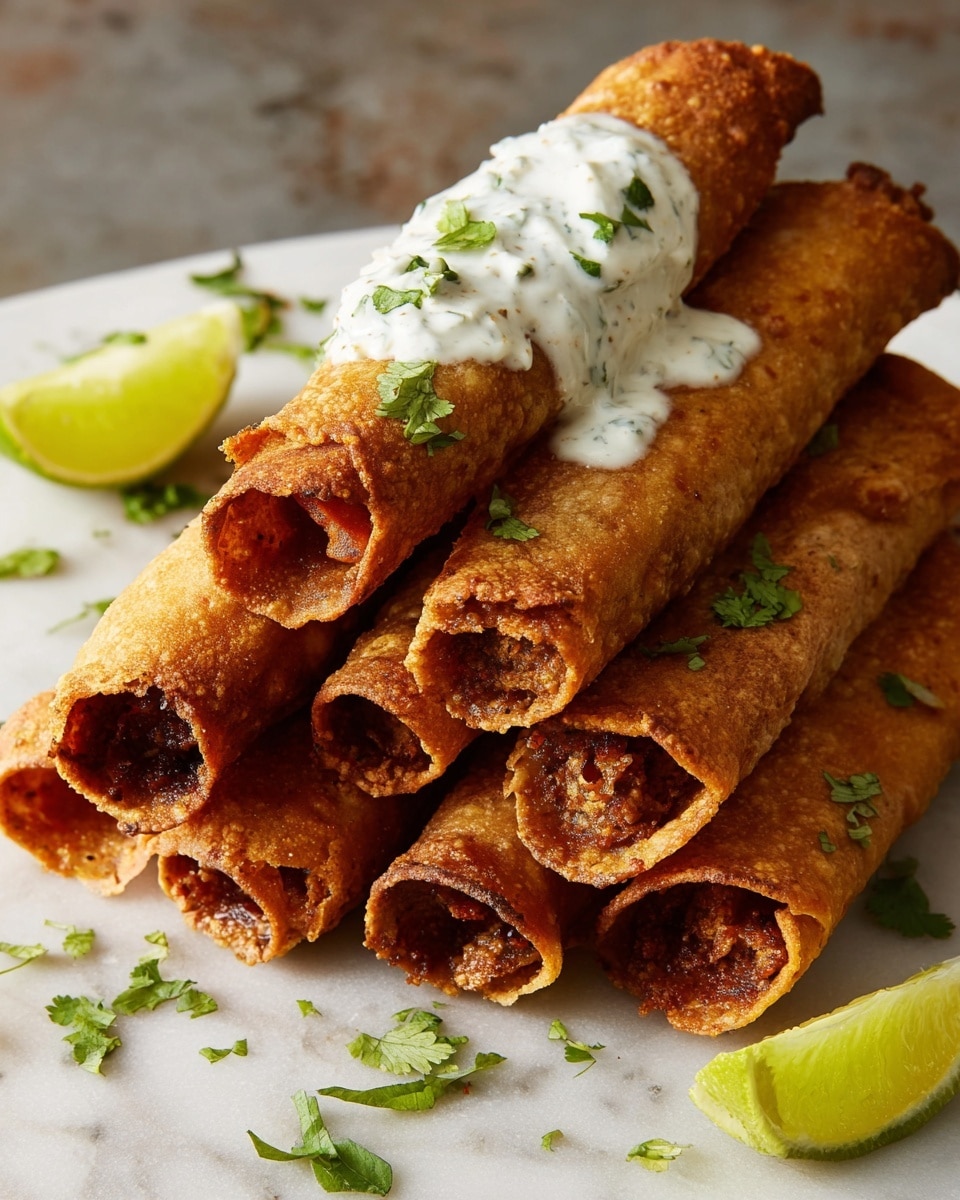 A stack of six rolled, golden-brown crispy taquitos lies on a white marbled surface, each showing a textured, crunchy edge with reddish-brown meat filling slightly visible inside. A small dollop of white creamy sauce with green herbs rests on the top taquito and drips slightly onto the surface below. Small green cilantro pieces are scattered over the taquitos, adding a fresh touch. In the bottom left corner, a wedge of lime with light green flesh and a bright green rind sits partially cut. In the background, there is a wooden bowl filled with white crumbled cheese, slightly blurred to keep the focus on the taquitos. photo taken with an iphone --ar 4:5 --v 7