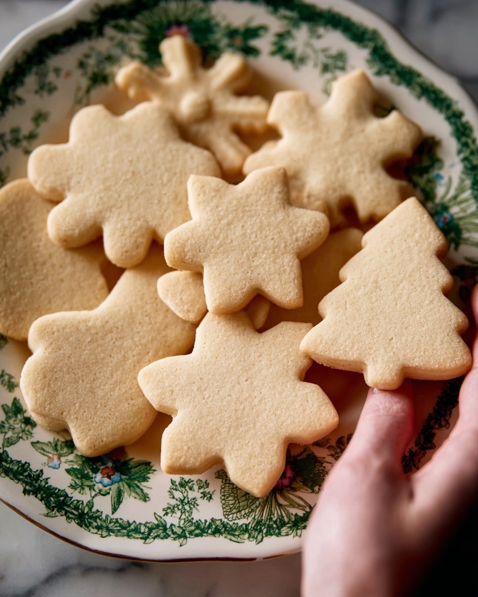 A close-up view of a white plate with green floral patterns filled with plain, light golden-brown sugar cookies in various shapes, including a snowflake, a flower, a star, and a Christmas tree. The cookies have a smooth, slightly textured surface and soft edges. A woman's hand is holding a Christmas tree-shaped cookie near the plate. The background is a white marbled texture. photo taken with an iphone --ar 4:5 --v 7