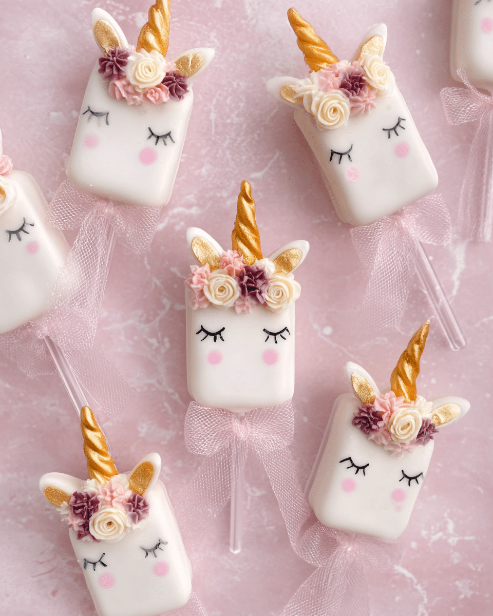 The image shows several white cake pops shaped like unicorn heads, lying on a soft pink surface with a white marbled texture. Each cake pop has a smooth white coating shaped into a rounded rectangle with a clear stick at the bottom tied with a pink translucent bow. On top of each, there is a golden unicorn horn that is spiraled and shiny, flanked by two white ears with golden inner parts. Around the base of the horn, there are small, colorful flowers in shades of pink, cream, and dark purple. The faces have closed eyes with black eyelashes, and soft pink cheeks, giving a gentle and dreamy expression. photo taken with an iphone --ar 4:5 --v 7