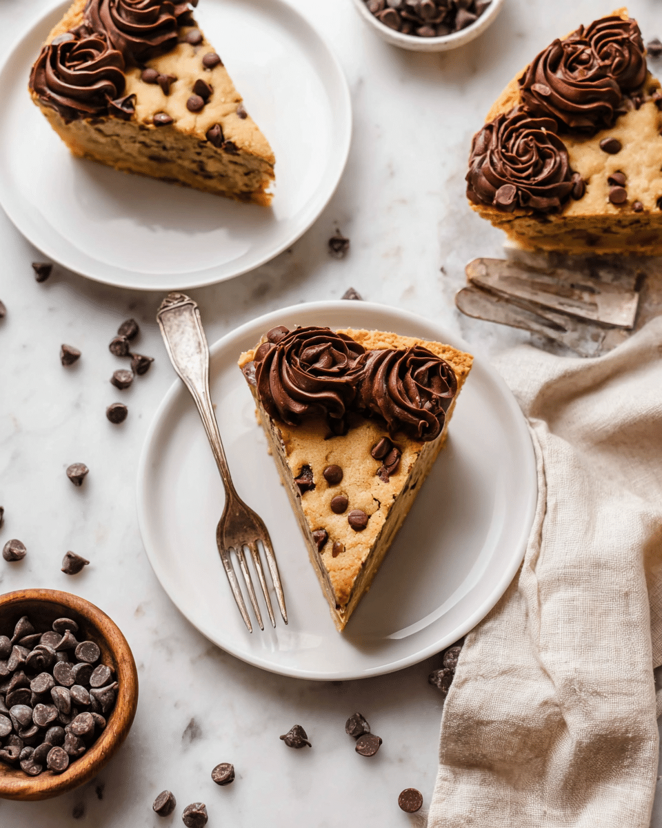 This image shows slices of a chocolate chip cookie pie on white plates. Each slice has one thick layer of golden brown cookie dough embedded with visible chocolate chips, topped with two swirls of rich, dark chocolate frosting on the wider edge. The cookie surface looks soft and slightly bumpy, with a few dimples and scattered chocolate chips. Around the plates, there are silver forks and a bowl filled with dark chocolate chips. The whole setup sits on a white marbled surface with a light beige cloth nearby. photo taken with an iphone --ar 4:5 --v 7