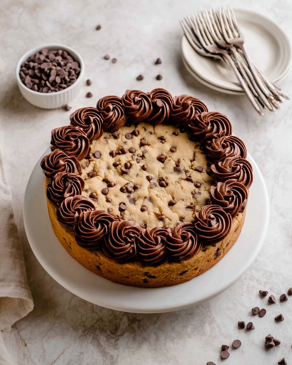 A round cookie cake sits on a white plate with a white marbled surface underneath. The top layer is golden brown with visible chocolate chips scattered throughout, giving it a chunky texture. Around the edge of the cookie cake is a single ring of dark brown chocolate frosting piped in thick, swirling rosettes that add a rich, creamy texture and a decorative touch. Nearby, a small white bowl filled with chocolate chips and several silver forks placed on a white plate add subtle details to the scene. Photo taken with an iphone --ar 4:5 --v 7