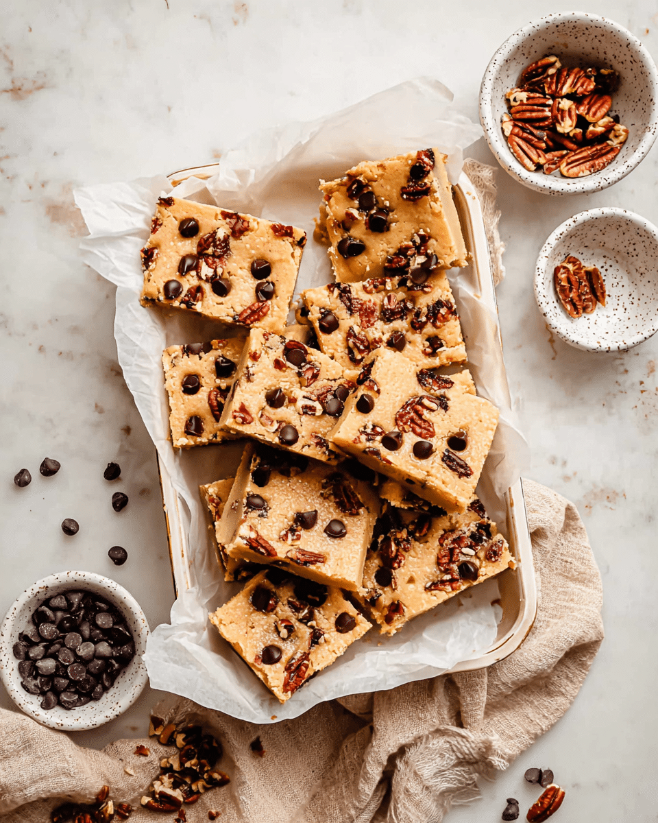 The image shows a white tray lined with white parchment paper holding several square pieces of blondie bars. Each blondie has a pale golden layer as the base, topped with dark round chocolate chips and chopped pecans scattered unevenly across the surface. The texture of the blondies looks soft and slightly crumbly. Around the tray, small white speckled bowls contain additional dark chocolate chips and chopped pecans, all placed on a white marbled surface. A beige cloth is partially visible under the tray. photo taken with an iphone --ar 4:5 --v 7