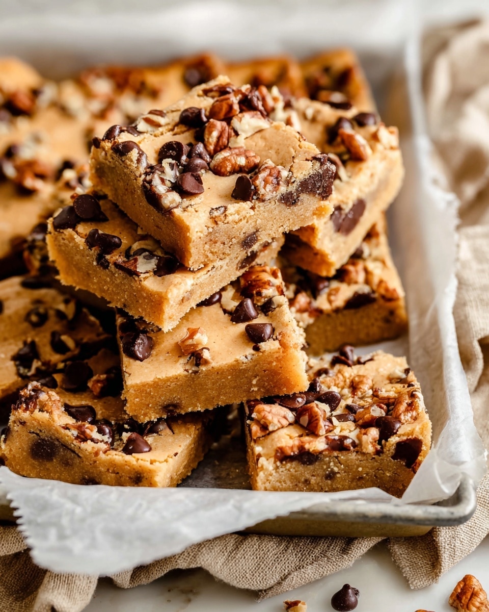 The image shows a stack of thick, square blondie bars placed on white parchment paper in a tray. Each blondie has a pale golden brown base layer with a soft, slightly crumbly texture. The top layer is scattered with dark brown chocolate chips and small pieces of chopped pecans, adding contrast and crunch. The blondies are cut into roughly equal squares and are stacked unevenly, giving a casual, homemade look. The tray rests on a white marbled surface with a beige cloth nearby. photo taken with an iphone --ar 4:5 --v 7