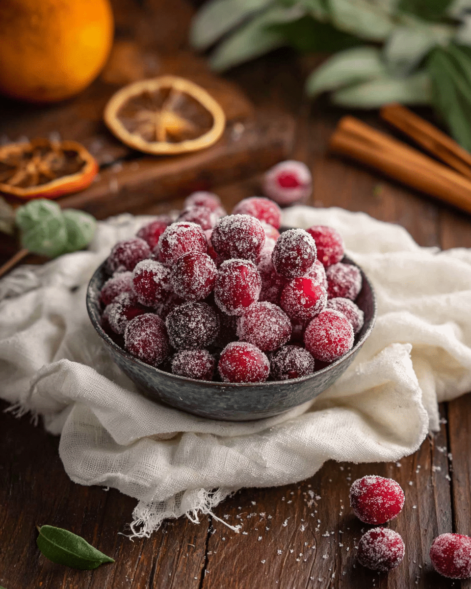A small bowl filled with bright red cranberries covered in a light layer of sugar sits on a crumpled, soft white cloth. The cranberries are piled high, each berry showing a frosty white coating that gives a textured, sparkly look. The bowl is placed on a dark brown wooden table with a few scattered sugared cranberries around it. In the background, there are cinnamon sticks, dried orange slices, and green leaves, all softly out of focus. The overall scene is cozy and rustic with warm, natural colors and textures. photo taken with an iphone --ar 4:5 --v 7