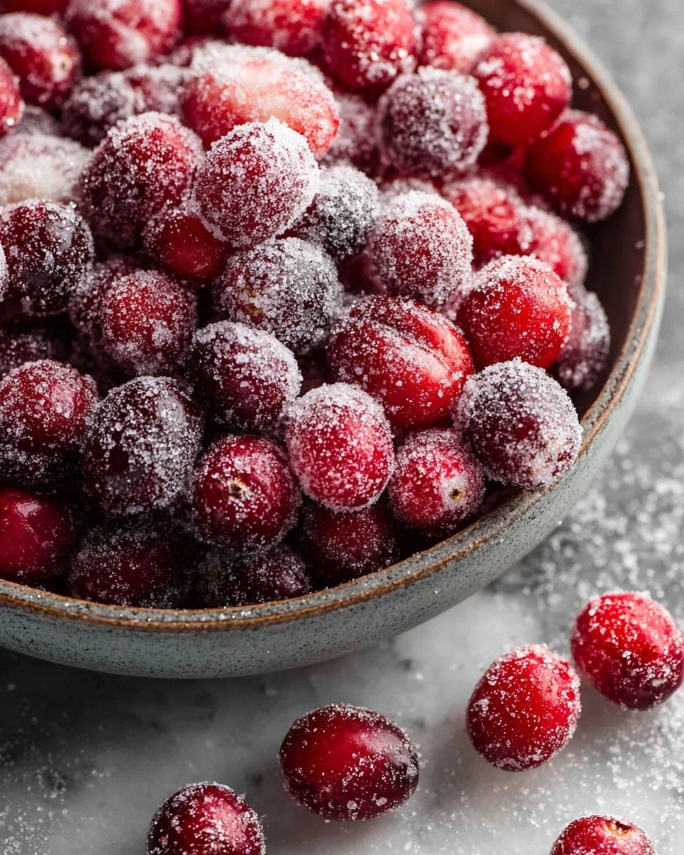 A close-up view of a bowl filled with red cranberries covered in a grainy layer of white sugar crystals, with some cranberries spilling gently onto a white marbled surface around it. The cranberries vary slightly in red shades, creating a mix of lighter and darker reds under the sparkling white sugar, and the grayish bowl contrasts softly with the bright fruit. photo taken with an iphone --ar 4:5 --v 7