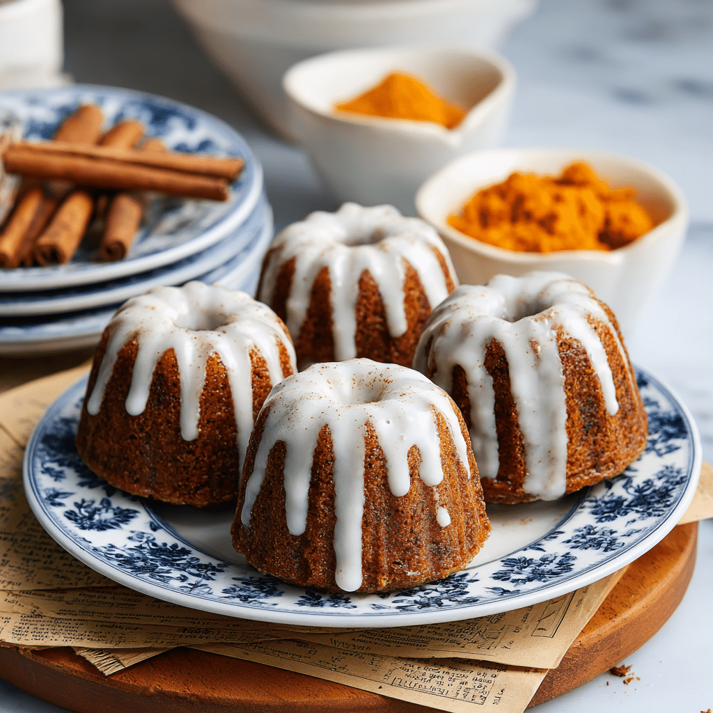 A white plate with blue floral patterns holds four small bundt cakes, each warm brown in color with a moist texture and topped with white icing drizzled unevenly over the top and sides. The plate sits on a stack of old newspapers on a wooden board that shows some crumbs scattered around. In the background, there is a small white bowl with cinnamon sticks and an orange-colored paste in a white bowl nearby. The surface beneath everything is a white marbled texture. photo taken with an iphone --ar 4:5 --v 7