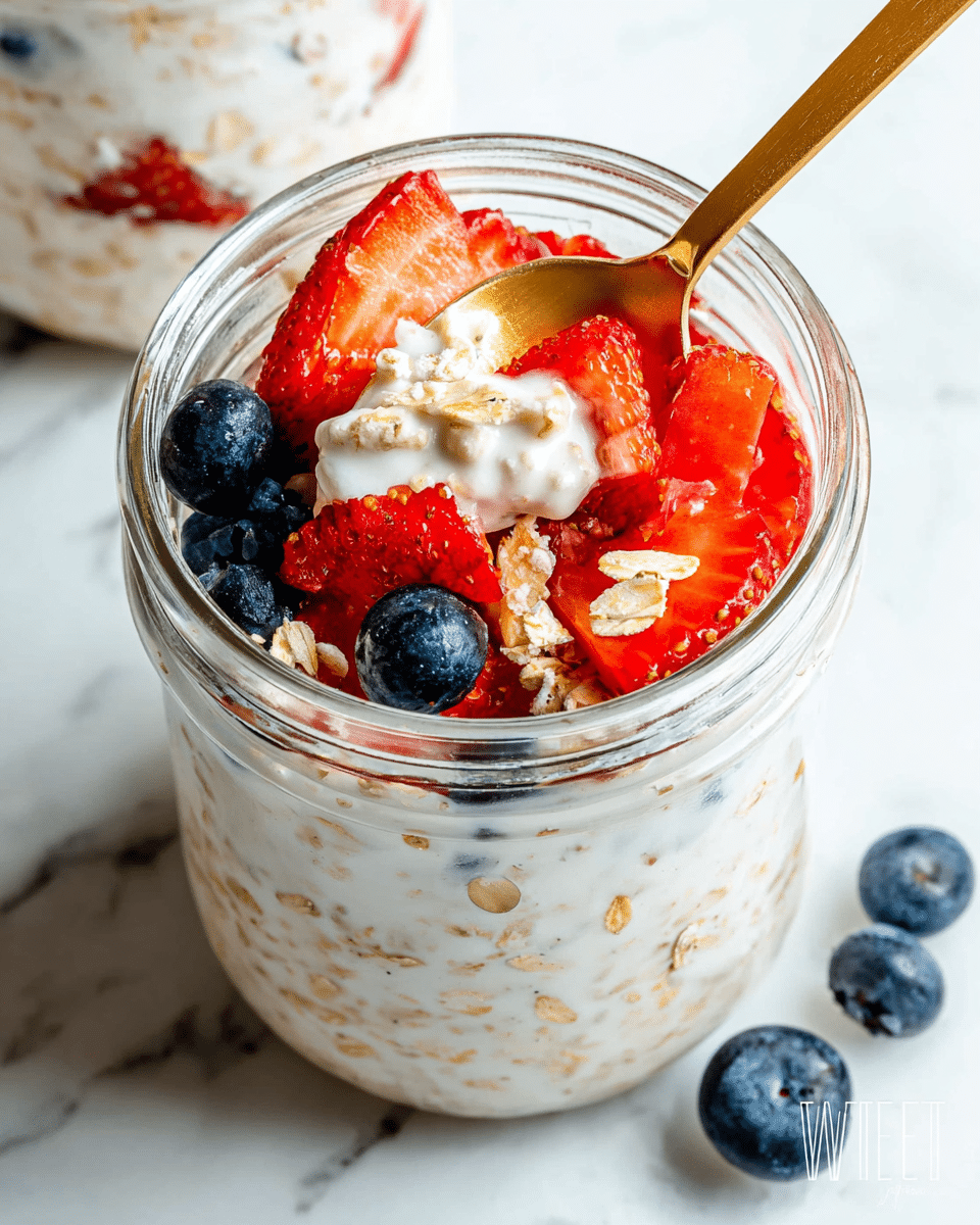A clear glass jar filled with two visible layers: the bottom creamy white layer with small oat pieces mixed in, and the top layer is fresh fruit with sliced red strawberries and whole dark blue blueberries scattered on top. A gold spoon is dipped into the jar, gently lifting some of the creamy oat mixture. The jar is placed on a white marbled surface with a couple of loose blueberries around. Photo taken with an iphone --ar 4:5 --v 7