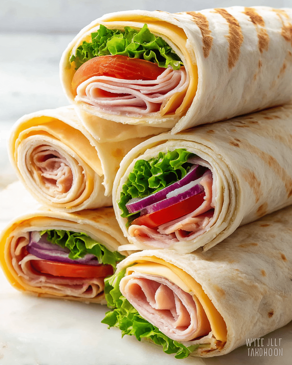 Three rolled wraps stacked closely, each wrap made of a soft light yellow flatbread with visible herbs. Inside each wrap, the layers from outer to inner include bright green leafy lettuce, juicy red tomato slices, thin rings of purple onion, a smooth white cheese slice, and folded slices of light pink turkey meat with a slightly browned edge. The wraps are shown on a white marbled surface with blurred green leafy background. photo taken with an iphone --ar 4:5 --v 7