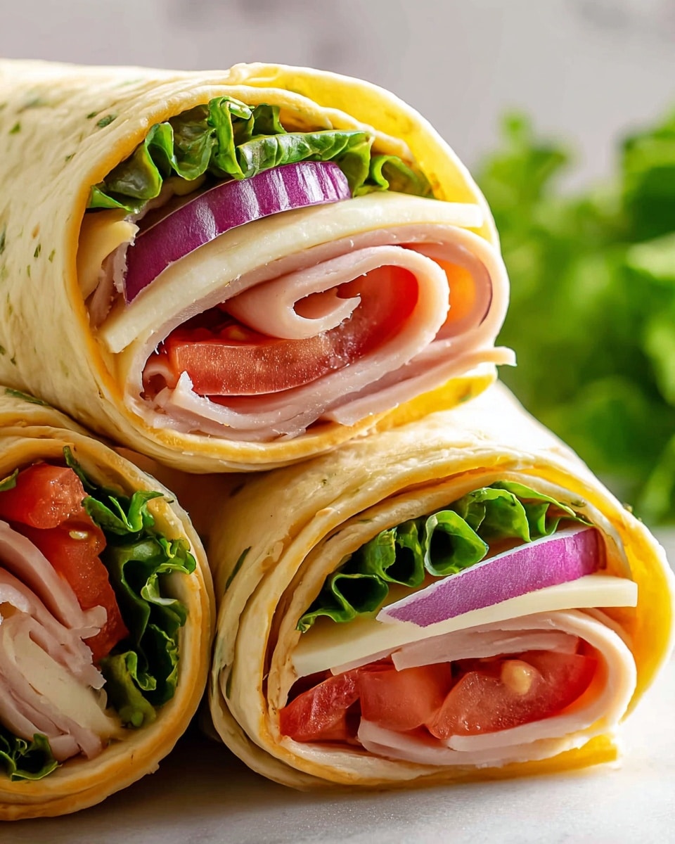 Four wraps are shown stacked on a white marbled surface, each made with a soft, light beige tortilla that has faint grill marks. Inside each wrap, there is a layer of green lettuce, followed by a slice of red tomato, thin slices of purple onion, and folded light pink turkey or ham deli meat. A single slice of pale yellow cheese is placed neatly under the meat in some wraps. The layers are tightly rolled together, creating a colorful and fresh look with the edges of the ingredients peeking out. Photo taken with an iphone --ar 4:5 --v 7