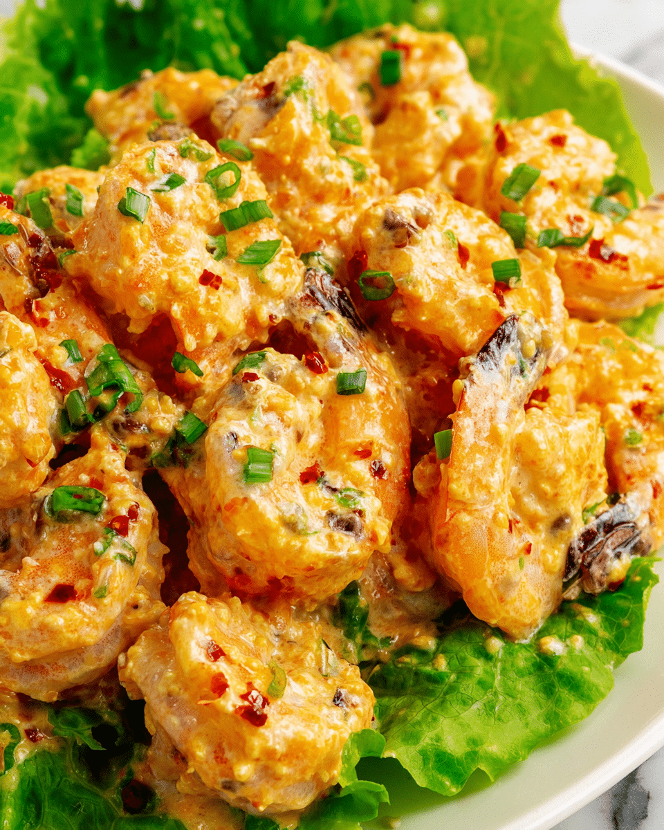 A close-up view of a creamy shrimp dish on a bed of fresh green lettuce leaves. The shrimp are coated evenly with a thick, light orange sauce, showing crispy golden bits and small red spots of seasoning scattered on top. The shrimp are curled and display a slightly textured surface with black tips near their tails. The dish is garnished with finely chopped green herbs scattered across the shrimp. The whole arrangement rests on a white plate with a white marbled background. photo taken with an iphone --ar 4:5 --v 7