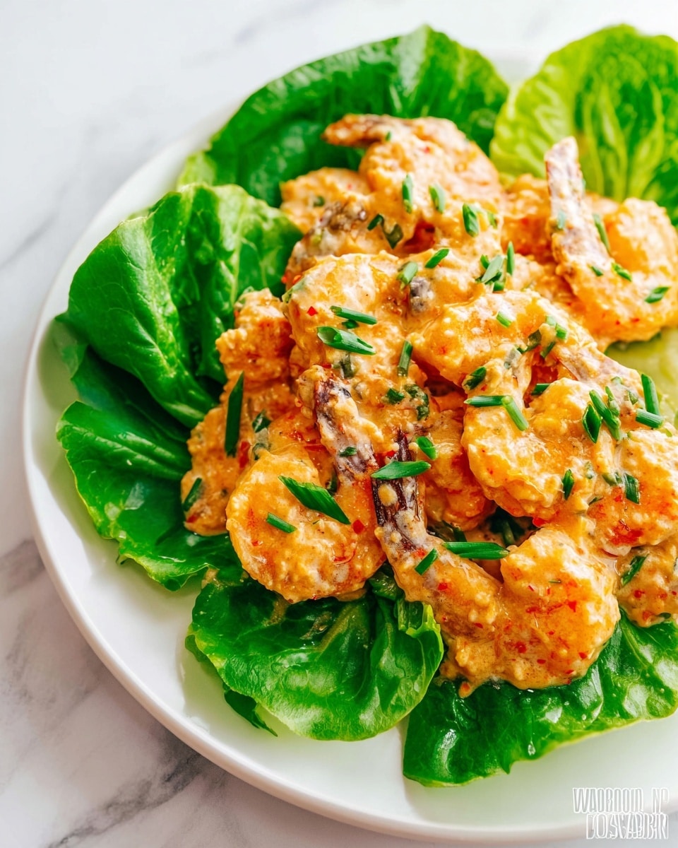 The dish shows a white plate with a base layer of large, bright green lettuce leaves spread evenly across it. On top, there is a generous pile of cooked shrimp covered in a creamy, light orange sauce with some visible red specks. The shrimp shells have a mix of orange and off-white colors with slightly charred edges, and the sauce has a smooth, slightly thick texture. Small pieces of fresh green herbs, possibly chopped chives, are sprinkled over the shrimp, adding contrast in color and a touch of freshness. The plate sits on a white marbled surface, and the overall look is bright, fresh, and creamy. photo taken with an iphone --ar 4:5 --v 7