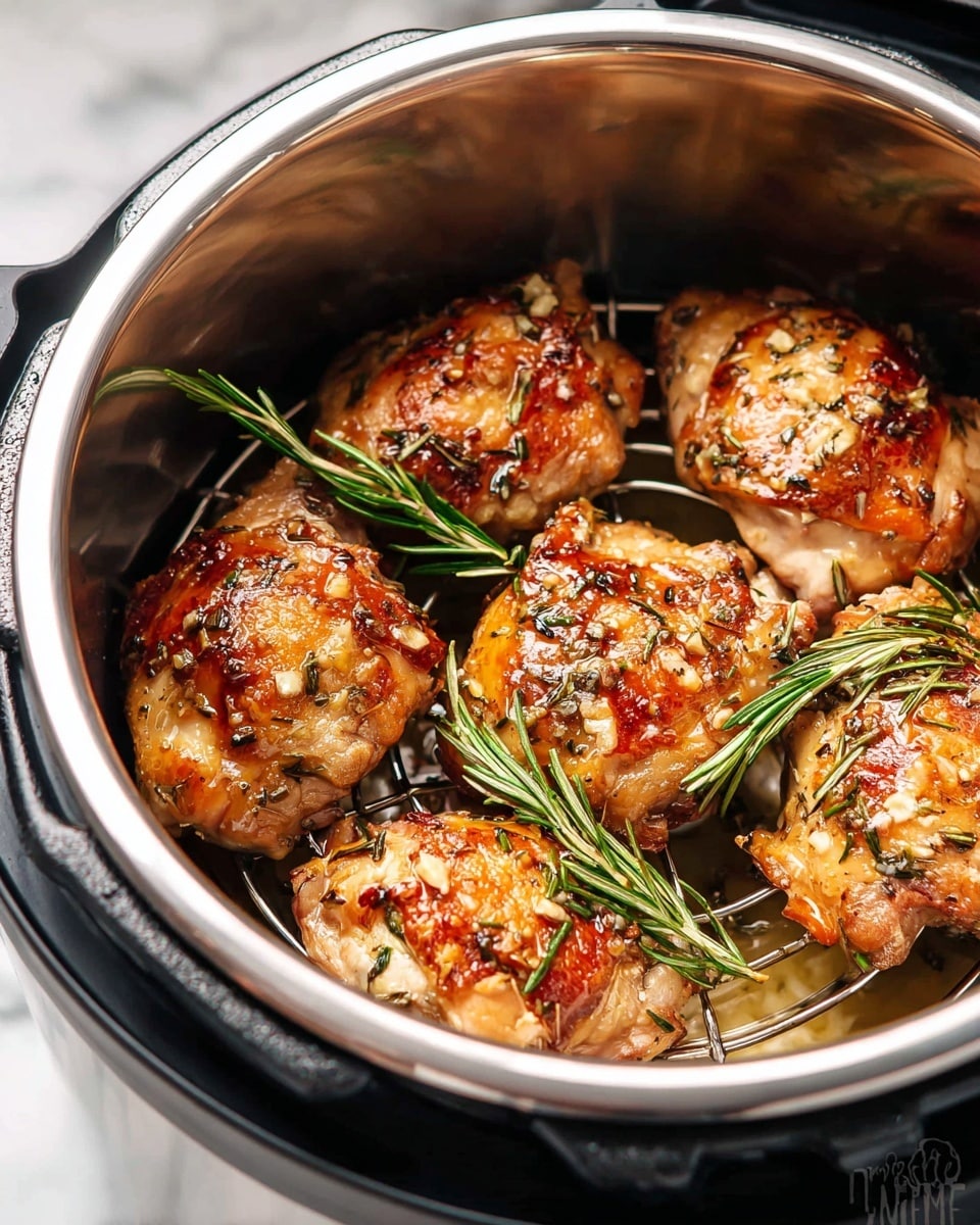 Inside a stainless steel round cooker, six golden brown chicken thighs are arranged on a metal rack. Each piece is topped with a shiny glaze mixed with bits of herbs and garlic, giving a textured look. Small green sprigs of rosemary are placed among the chicken, adding a fresh contrast to the browned meat. The cooker shines softly under light, highlighting the juicy, crispy skin of the chicken pieces. The setting is a close-up shot with a white marbled texture barely visible in the background. Photo taken with an iphone --ar 4:5 --v 7