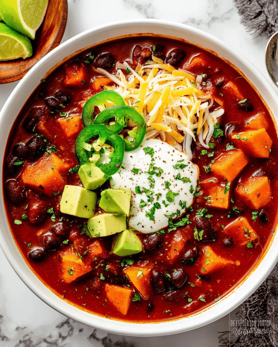 A white bowl filled with a thick, rich red chili soup made of black beans and diced orange sweet potatoes, creating a chunky, hearty texture. On top, there are bright green avocado cubes placed near the center, several thin slices of fresh green jalapeño scattered around, and a small heap of shredded pale yellow cheddar cheese. Next to the cheese, there is a dollop of smooth white sour cream with a sprinkle of black pepper, and finely chopped green herbs are spread lightly over the surface. The bowl sits on a white marbled texture surface, with a small wooden plate holding lime wedges next to it, adding a fresh contrast. Photo taken with an iphone --ar 4:5 --v 7