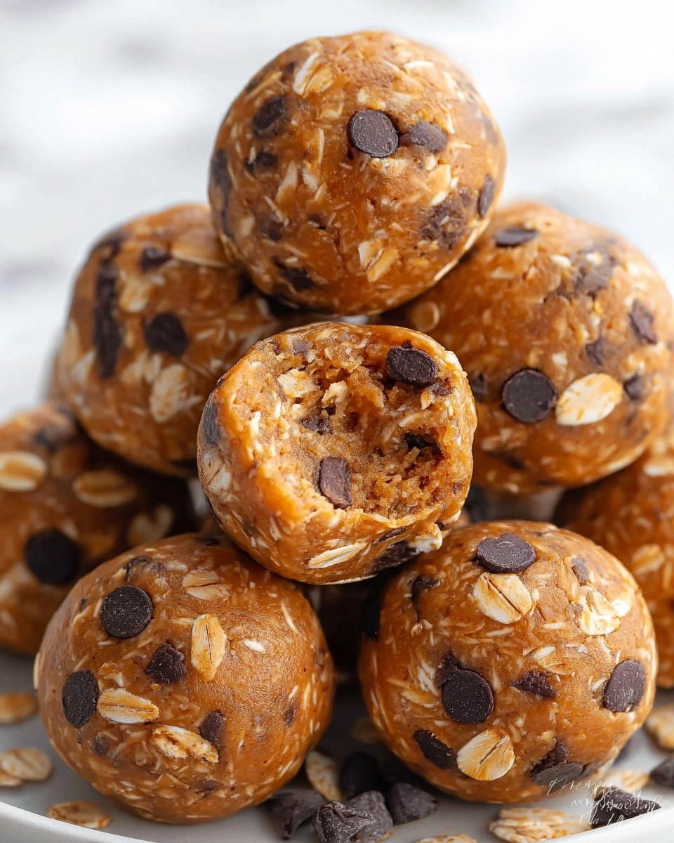 The image shows a close-up of several round energy balls stacked together on a white plate. Each ball has a soft, dense texture with a light brown color and is mixed with small pieces of oats and dark chocolate chips that are spread throughout and on the surface. One energy ball in the front center is bitten, revealing a moist and chewy inside with visible oat flakes and chocolate chips. The background is a white marbled texture. Photo taken with an iphone --ar 4:5 --v 7