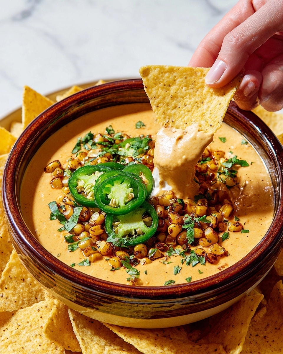 A brown rustic bowl filled with smooth, creamy light orange queso dip forms the base layer, topped with a thick layer of golden brown roasted corn kernels with charred edges, sprinkled with chopped fresh green parsley. The final top layer includes several thin, bright green slices of jalapeño peppers scattered on the corn. A woman's hand is dipping a triangular, light yellow tortilla chip into the dip, with some queso clinging to the chip. The bowl sits on a white marbled surface with extra tortilla chips around the bottom edge. photo taken with an iphone --ar 4:5 --v 7
