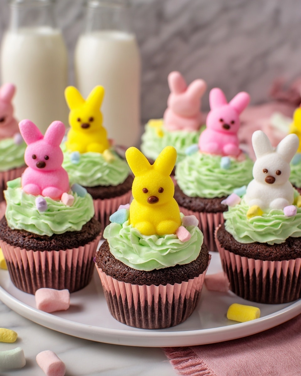 The image shows a group of chocolate cupcakes with three layers: a dark brown base, a swirl of light green frosting on top, and a colorful marshmallow bunny standing upright in the center of each cupcake. The bunnies come in pink and yellow colors with small brown eyes and nose details. Each cupcake is in a pink or light brown paper liner. Small candy decorations in pastel colors are scattered on the frosting around the bunnies. The cupcakes are placed on white plates with a white marbled surface underneath, and there are bottles of milk in the background. Photo taken with an iphone --ar 4:5 --v 7