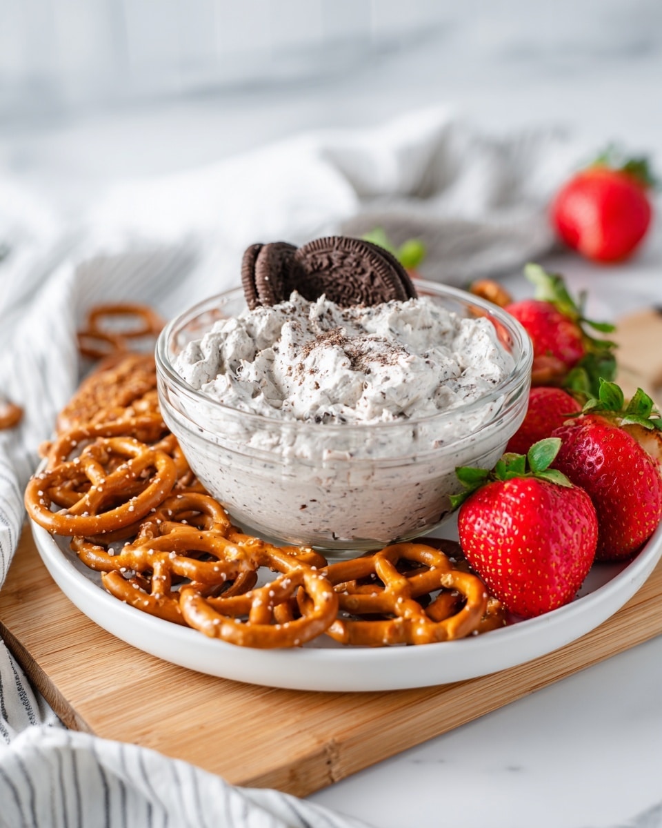 A clear glass bowl filled with a thick, light grey cream that has small dark specks mixed throughout is placed at the center of a white plate. The plate is surrounded by crunchy, golden-brown pretzels and bright red strawberries with green tops. One whole strawberry and a chocolate sandwich cookie are partly pressed into the creamy mixture on top. The white plate rests on a wooden board set against a white marbled surface with a soft, white and grey striped cloth beside it. Photo taken with an iphone --ar 4:5 --v 7