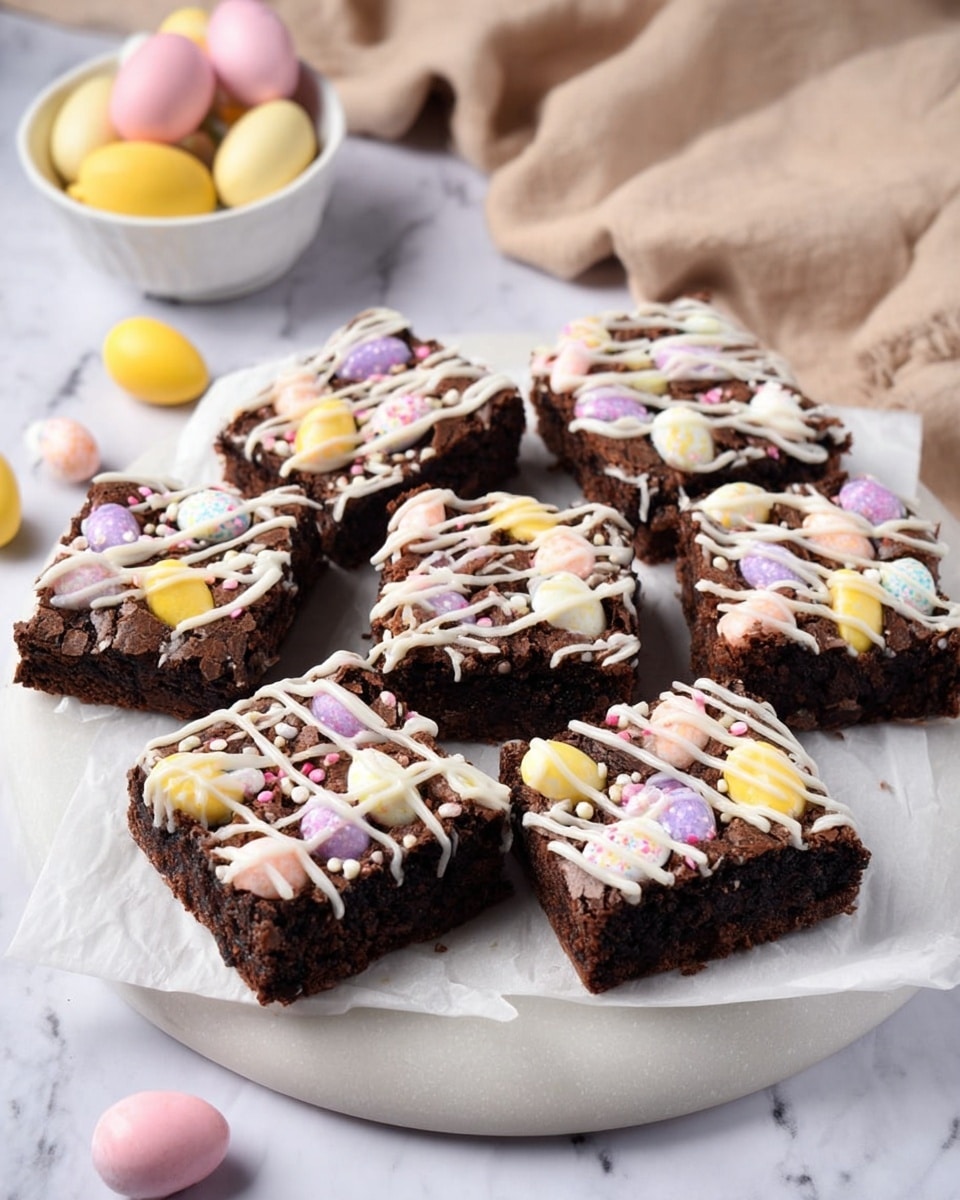 Six square pieces of dark chocolate brownies are placed on a round white plate lined with white parchment paper, set on a white marbled surface. Each brownie has a rich, dense chocolate layer at the bottom topped with colorful, broken pastel-speckled candy eggs in pink, yellow, purple, and white, sprinkled unevenly on top. A thin drizzle of white icing creates a crisscross pattern over each piece, adding texture and contrast. In the background, a small white bowl filled with the same pastel chocolate eggs adds extra color and interest. Scattered candy eggs lie near the plate, and a beige cloth is softly draped nearby. photo taken with an iphone --ar 4:5 --v 7