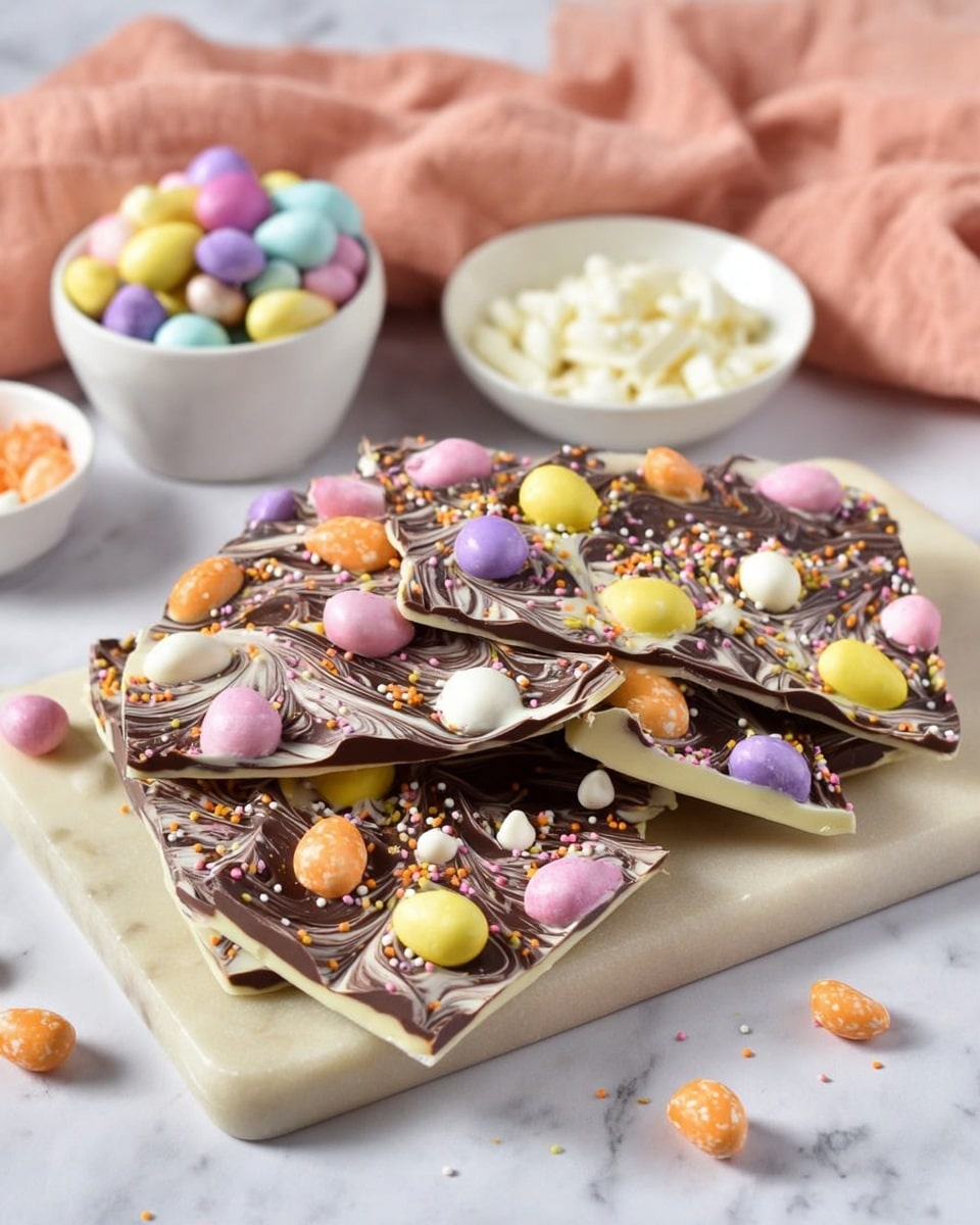 The image shows pieces of Easter-themed chocolate bark arranged on a light beige marble board. The bark has two layers: a thick base layer of smooth white chocolate, and a top layer of swirled dark chocolate, creating a marbled effect. Scattered all over the top are pastel-colored mini candy eggs in purple, orange, yellow, and white. Additional decorations include small orange and white sprinkles and tiny white sugar pearls, adding texture. In the background, there are two white bowls—one filled with pastel candy eggs and the other with small white chocolate chips—set on a white marbled surface, with a soft peach cloth draped behind. Photo taken with an iphone --ar 4:5 --v 7