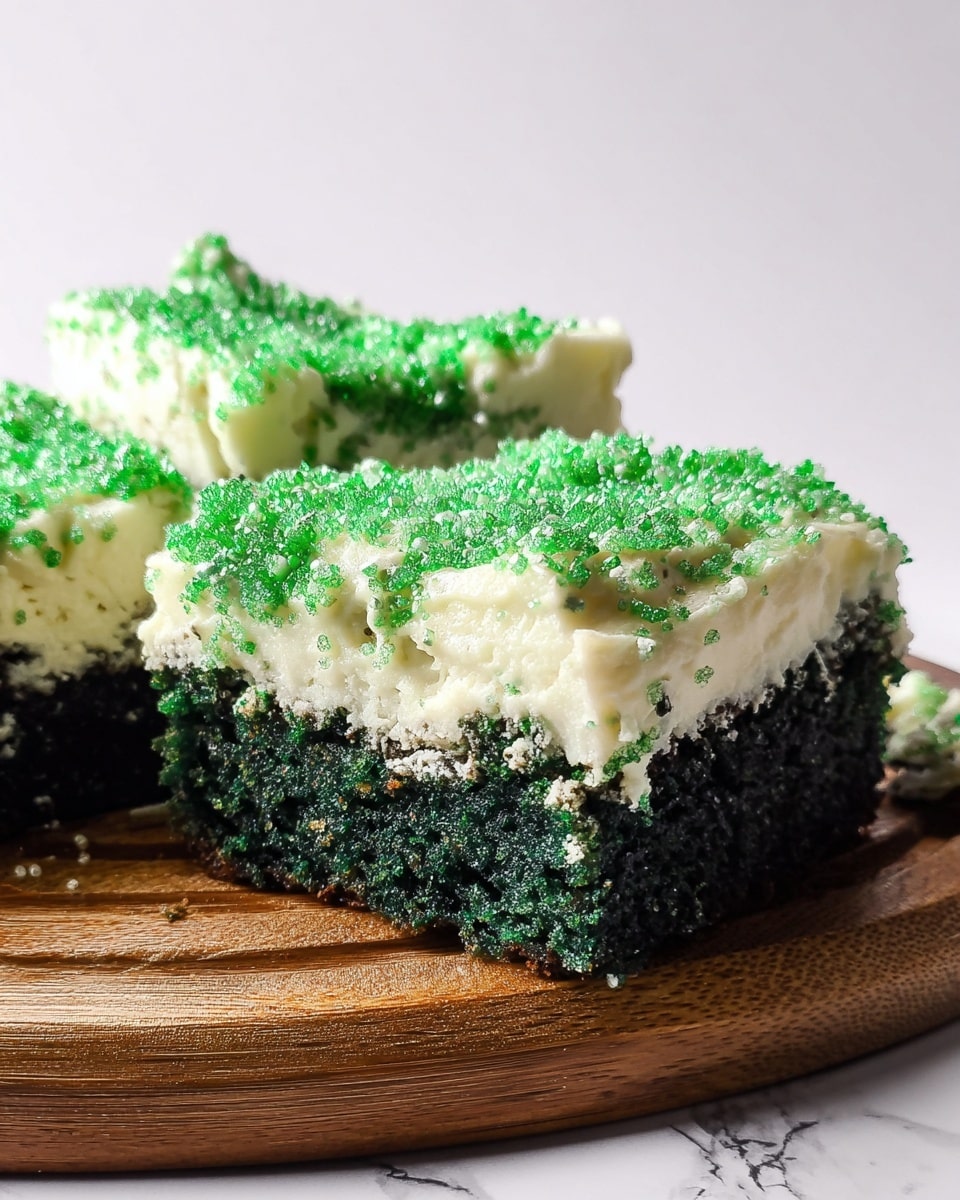 The image shows three thick square pieces of a dark green cake placed on a round wooden board, each topped with a generous layer of creamy white frosting sprinkled with bright green sugar crystals. The cake layers look moist and dense with a slightly rough texture, while the frosting is smooth and fluffy, sitting evenly on top of each cake piece. The green sprinkle crystals add a sparkling contrast to the frosting. The background is plain white, and the surface beneath the board is a white marbled texture. Photo taken with an iphone --ar 4:5 --v 7