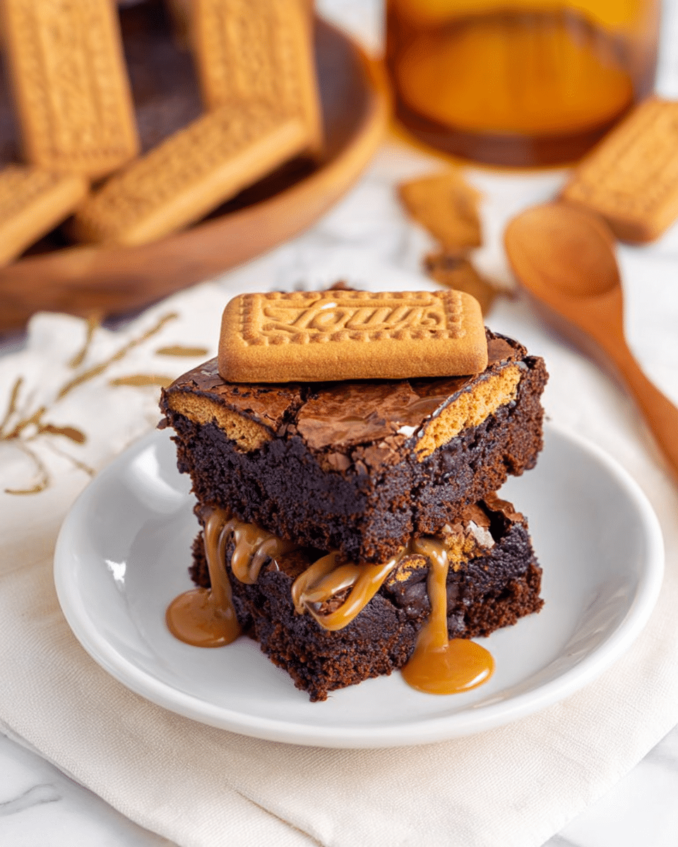 A close-up of two stacked square brownies on a white plate, each brownie showing a rich, dark brown texture with cracks on the surface. The top brownie is decorated with a whole rectangular Lotus biscuit in a light golden brown color, slightly embedded into the soft texture. Thick caramel sauce is drizzled over the top and sides of the brownies, creating a glossy, smooth contrast against the cracked surface. Around the plate, additional Lotus biscuits rest on a white cloth placed on a white marbled surface, with warm wooden spoons and a blurred amber glass jar in the background. Photo taken with an iphone --ar 4:5 --v 7