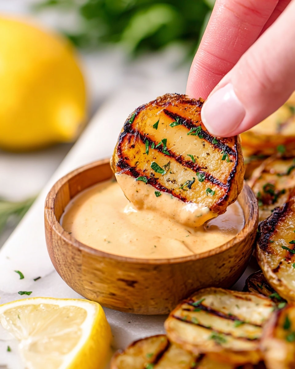A close-up of a woman's hand holding a round grilled potato chip with visible dark grill marks and sprinkled green herbs on top. The potato chip is being dipped into a light orange creamy sauce inside a small wooden bowl. In the background, there are several grilled potato chips with similar grill marks scattered on a white marbled surface. On the left side, there are two lemon wedges with bright yellow flesh and textured skin. Behind, some blurred green herbs add freshness to the scene. Photo taken with an iphone --ar 4:5 --v 7