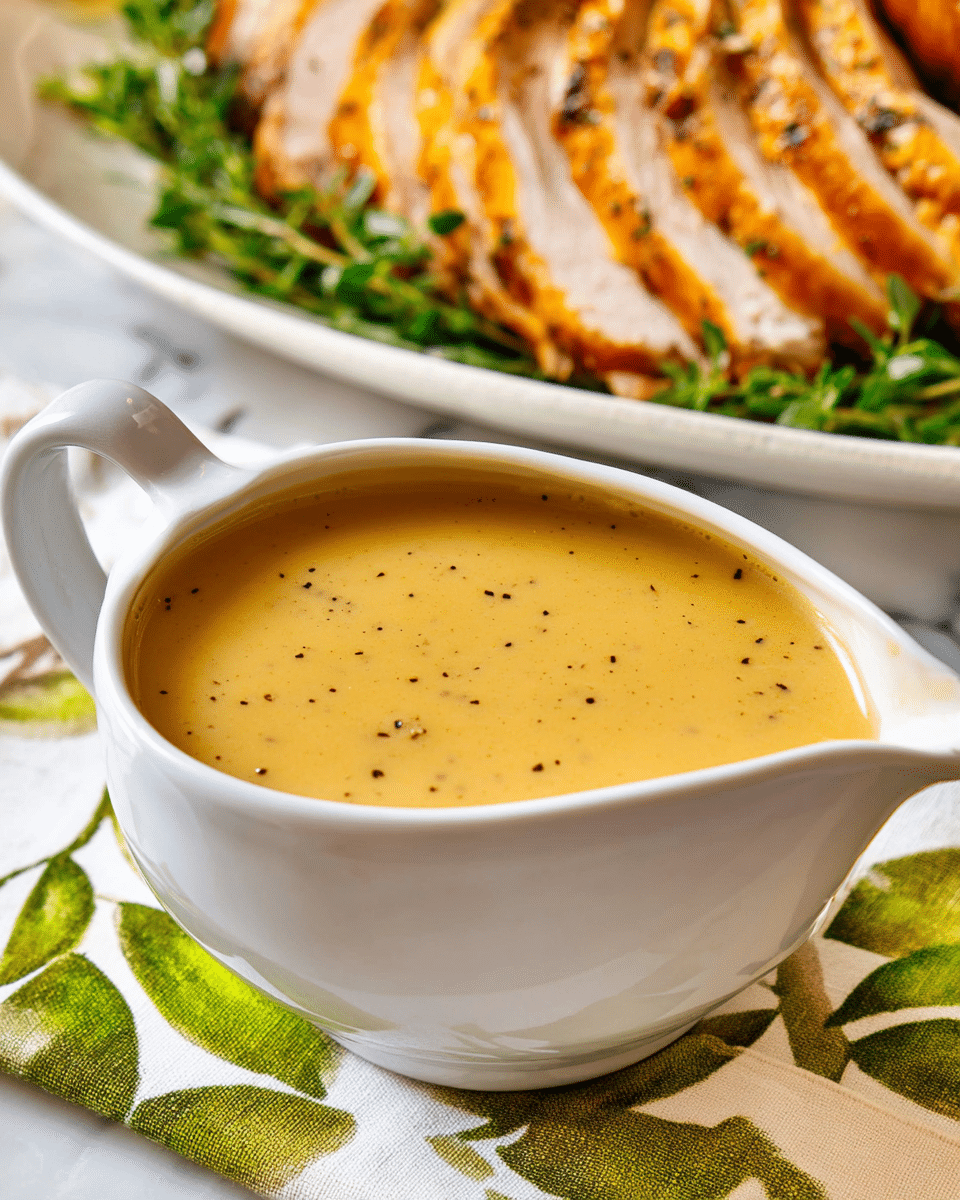 A close-up image of a white gravy boat filled with smooth, creamy yellow gravy speckled with black pepper, sitting on a white cloth with large green leaf prints, placed on a white marbled surface. In the blurred background, there is a white plate of sliced, golden-brown roasted turkey breast garnished with sprigs of green herbs. Photo taken with an iphone --ar 4:5 --v 7
