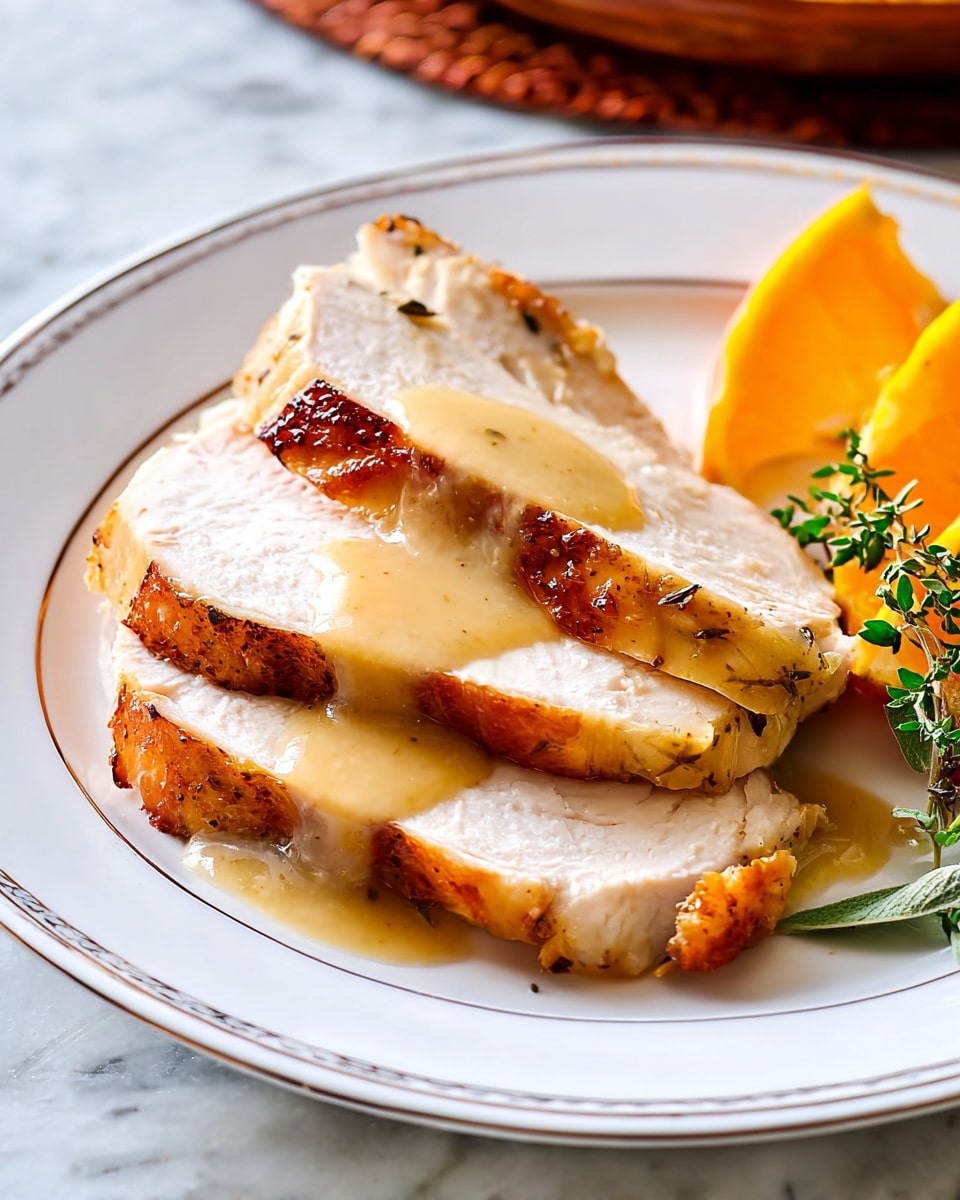 The image shows three slices of cooked turkey breast stacked on a white plate with a subtle decorative rim. Each slice has golden-brown, crispy skin on the edges, and juicy, tender white meat inside. The top two slices are covered with a smooth, light brown gravy that drips slightly onto the plate. To the right of the turkey slices, there is a wedge of bright orange with green herb sprigs, adding color and freshness to the presentation. The plate sits on a white marbled surface, giving the scene a clean and elegant look. Photo taken with an iphone --ar 4:5 --v 7