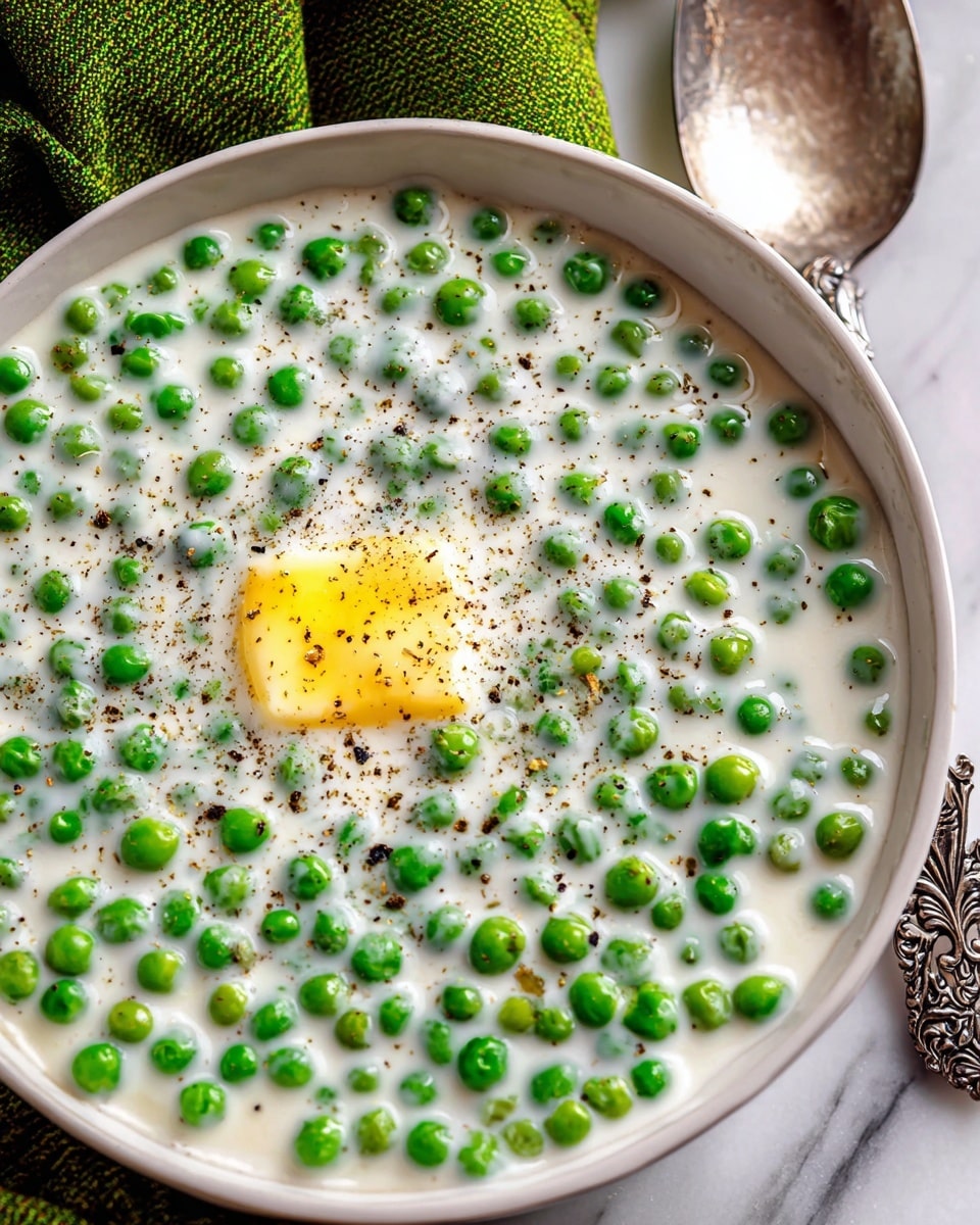 A close-up view of a white bowl filled with creamy peas, where bright green peas are covered in a thick white sauce. The dish has one visible layer of green peas mixed evenly in the smooth, milky sauce. On top, in the center, there is a small square of melting yellow butter sprinkled with black pepper. The bowl is placed on a white marbled surface with a green cloth in the background and part of an ornate silver spoon visible near the bowl. Photo taken with an iphone --ar 4:5 --v 7