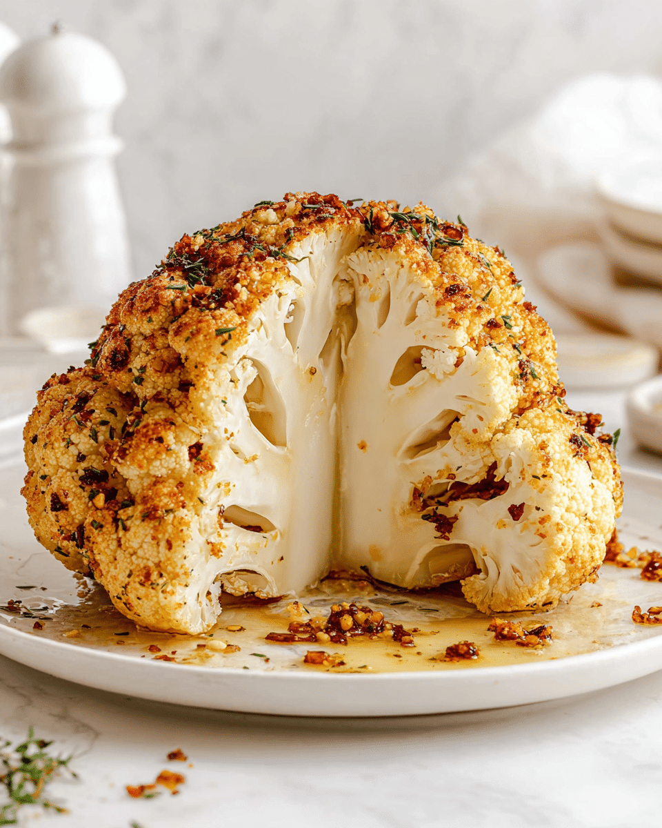 A roasted whole cauliflower is cut in half and placed upright on a white plate, showing its thick white stem and branching florets inside. The outside is golden brown with a crispy texture, sprinkled with herbs and small pieces of spices. The plate sits on a white marbled surface, and there is a small amount of seasoning and sauce around the base of the cauliflower. The background is softly blurred with some white kitchen items visible. photo taken with an iphone --ar 4:5 --v 7