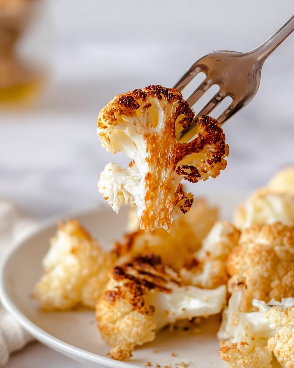A close-up image of a piece of roasted cauliflower held by a silver fork, showing a golden-brown crispy outer layer with charred spots and textured white inside. Below and behind the fork, there are more cauliflower florets with a light golden tint and some seasoning visible, all placed on a white plate. The background surface is clean with a white marbled texture, and the lighting highlights the crispy texture of the cauliflower clearly. photo taken with an iphone --ar 4:5 --v 7