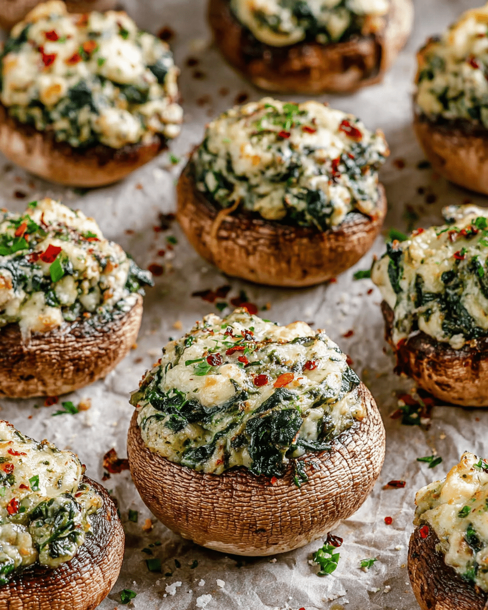 The image shows a close-up of several stuffed mushrooms placed on a crinkled baking paper laid over a white marbled texture. Each mushroom has two main layers: the base layer is a brown, textured, cooked mushroom cap with visible wrinkles and grill marks, and the top layer is a creamy filling made of white cheese mixed with chopped dark green spinach and small bits of red seasoning, slightly melted and bubbly on the edges. Tiny green herb pieces and red chili flakes are scattered on and around the mushrooms, adding color contrast. photo taken with an iphone --ar 4:5 --v 7