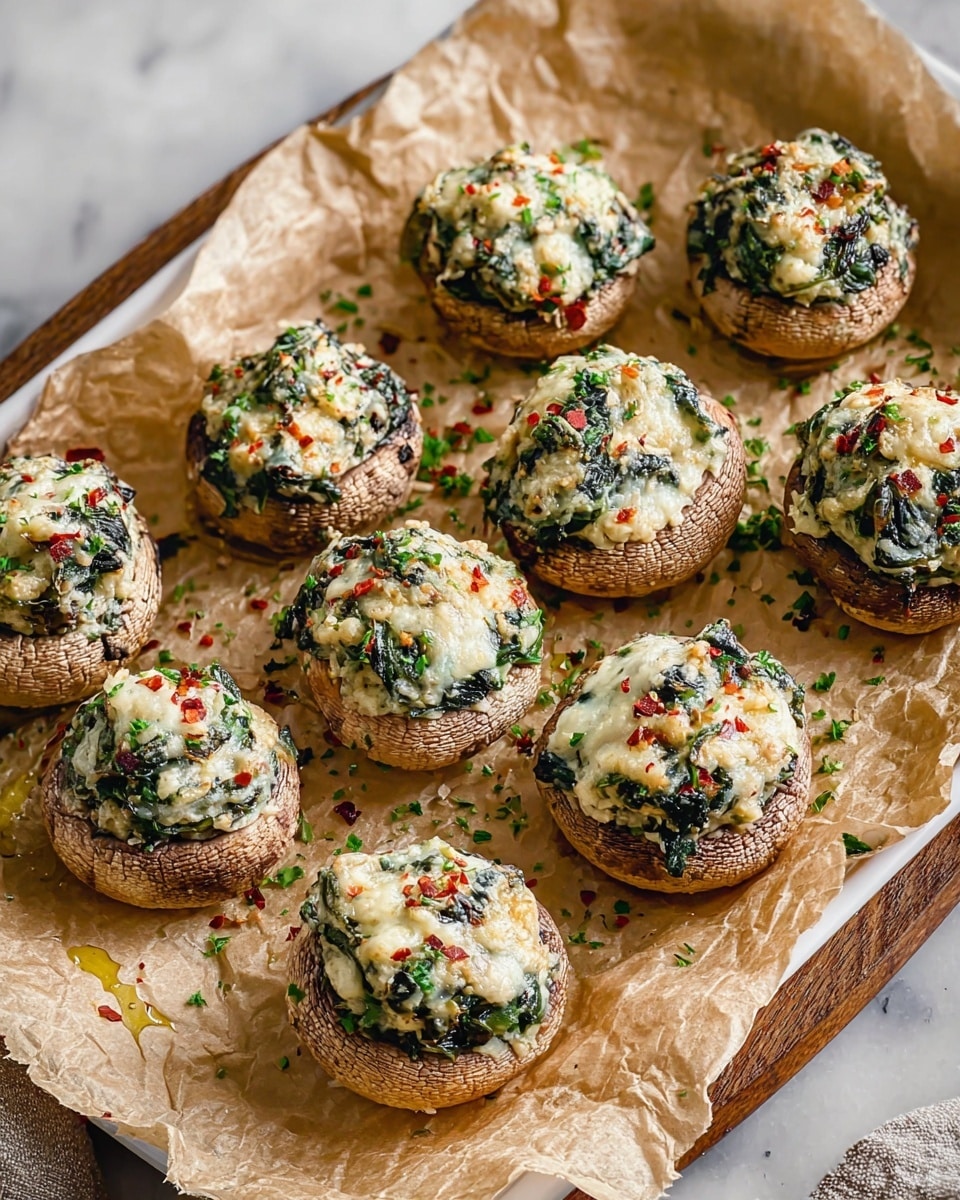 The image shows a white tray lined with crumpled brown parchment paper, holding eleven stuffed mushrooms arranged neatly. Each mushroom has a light brown textured cap, filled with a creamy white and slightly melted cheese mixture mixed with dark green spinach or herbs, topped with small red chili flakes and chopped green herbs. The mushrooms' filling looks soft and slightly bubbly, with a textured, rustic look. There are small droplets of olive oil on the parchment paper and some scattered herbs and chili flakes around the mushrooms. The background is a white marbled surface. Photo taken with an iphone --ar 4:5 --v 7
