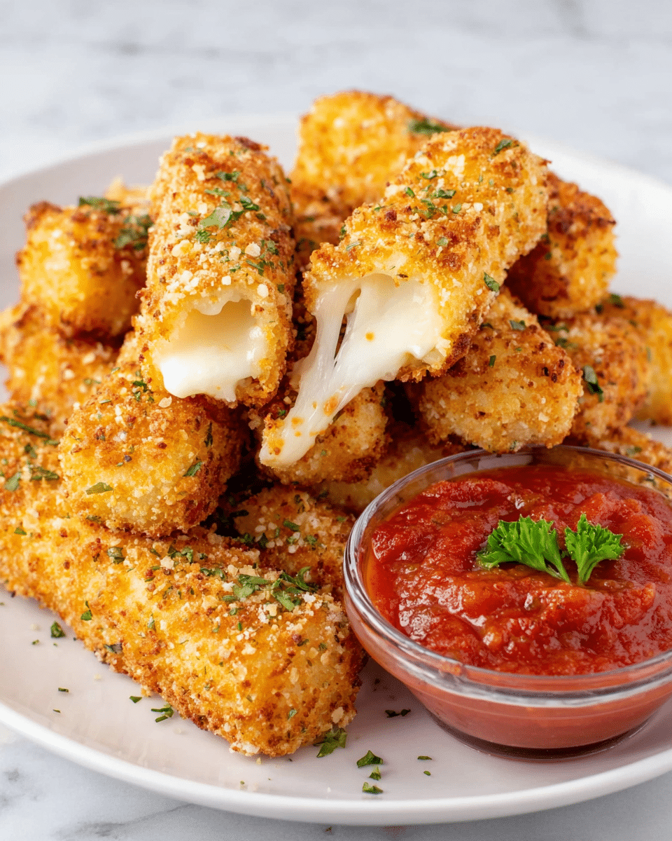 A white plate holds a stack of crispy, golden-brown mozzarella sticks with a crunchy, breadcrumb coating sprinkled with green herbs. Each stick is thick and rectangular, with some showing melted white cheese stretching out from inside. Next to the mozzarella sticks is a small clear glass bowl filled with chunky, red marinara sauce topped lightly with a small sprig of green parsley. The plate sits on a white marbled surface. photo taken with an iphone --ar 4:5 --v 7