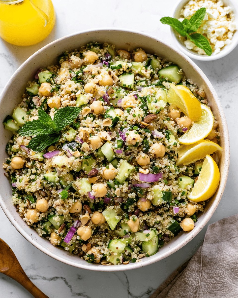 A large white bowl holds a colorful quinoa salad mixed with light beige chickpeas, bright green chopped cucumber, small pieces of purple onion, and dark green chopped herbs scattered throughout. The texture looks light and grainy with a mix of crunchy nuts or seeds, adding brown and tan accents. On the top right side of the bowl, there are four bright yellow lemon wedges and a small bunch of fresh dark green mint leaves. In the background, a small white bowl with crumbled cheese and a yellow drink bottle sit on a white marbled surface. photo taken with an iphone --ar 4:5 --v 7