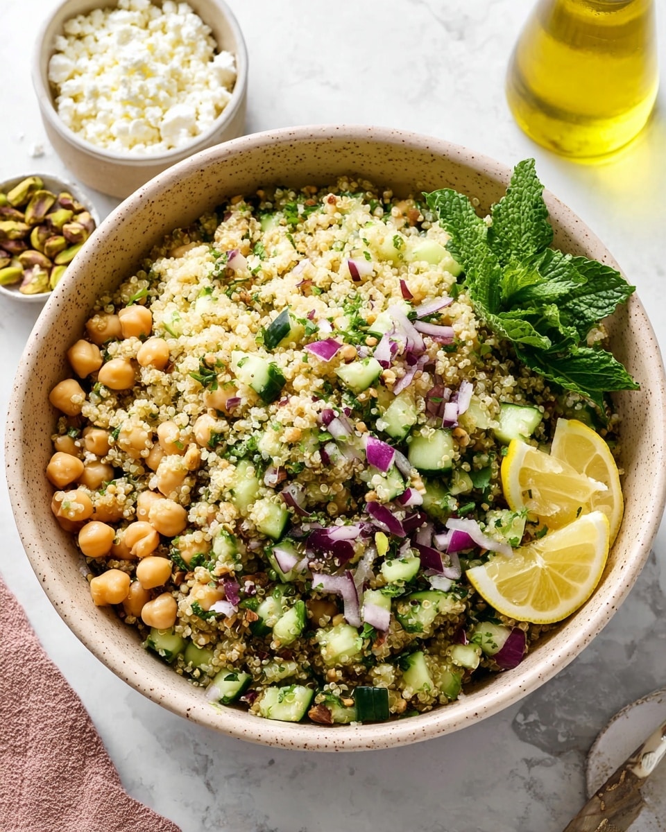 A large speckled beige bowl holds a mixed quinoa salad with three main visible layers: the base layer of small, fluffy, pale yellow quinoa grains, interspersed with chopped green cucumber pieces, scattered chickpeas, and bits of bright purple-red onion, all topped with chopped fresh green herbs and small brown pistachios. On one edge of the bowl, there are three small lemon wedges and a sprig of fresh green mint leaves. In the background, a small white bowl with crumbled white cheese and a glass bottle of yellow oil rest on a white marbled surface. photo taken with an iphone --ar 4:5 --v 7