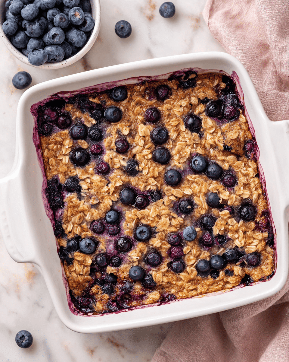 A square white baking dish holds a baked blueberry oat dish with a golden brown oat layer on top, textured with whole oats scattered unevenly. Blueberries are embedded throughout the oat layer, some bursting and releasing dark purple juices that peek through the crumble, while fresh whole blueberries are scattered on top. The oat layer has a slightly rough texture with visible cinnamon or sugar specks. The dish sits on a white marbled surface next to a small white bowl of fresh blueberries and a soft pink cloth to the side. Photo taken with an iphone --ar 4:5 --v 7